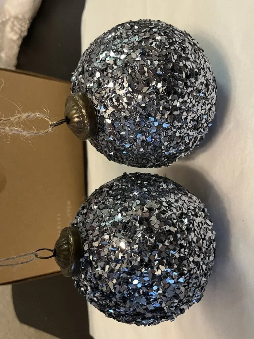 Pottery Barn Set of 4 German Glitter Round Blue Christmas Tree Ornaments